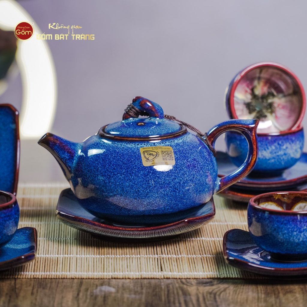 Bộ Ấm Chén Men Hỏa Biến Xanh Quả Hồng