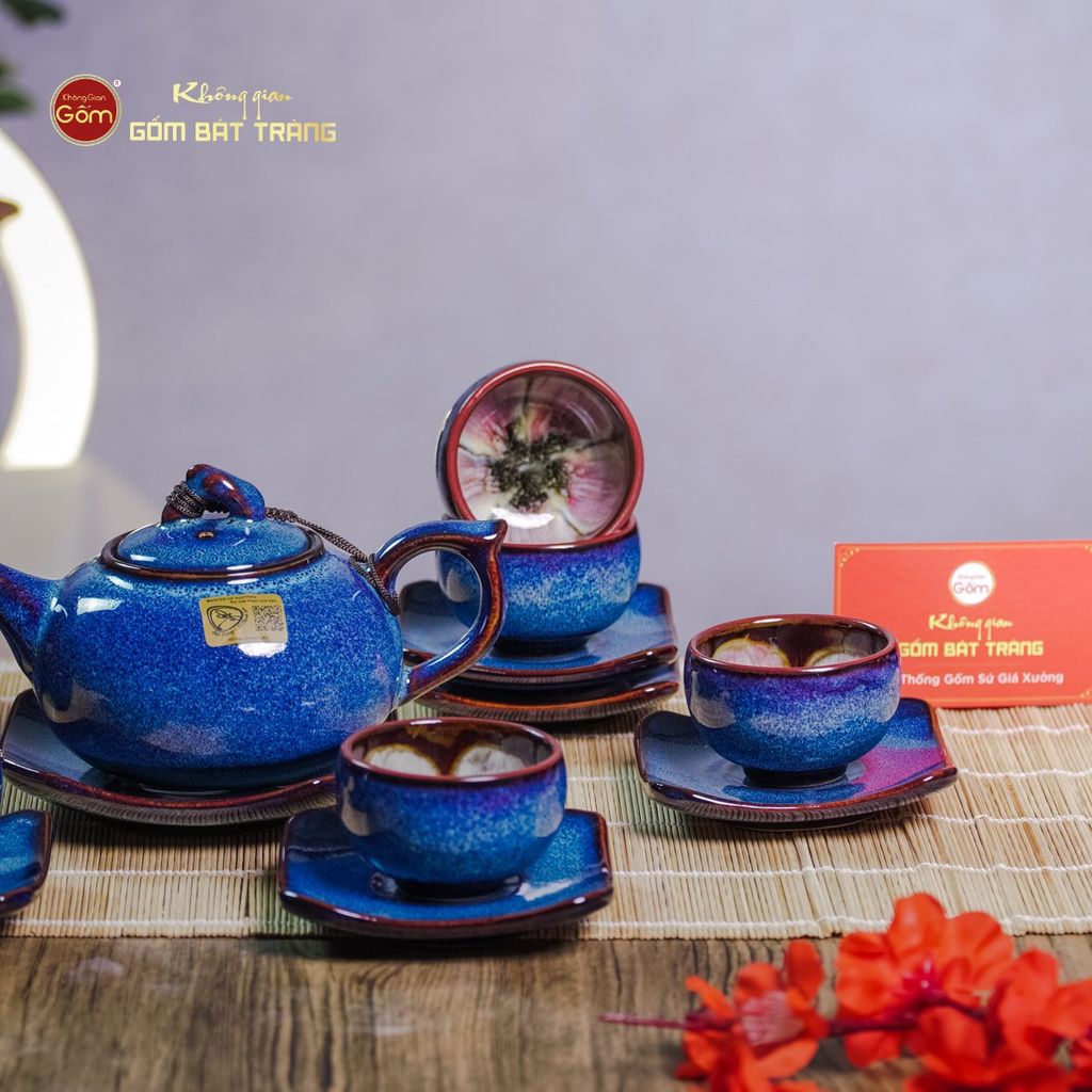 Bộ Ấm Chén Men Hỏa Biến Xanh Quả Hồng