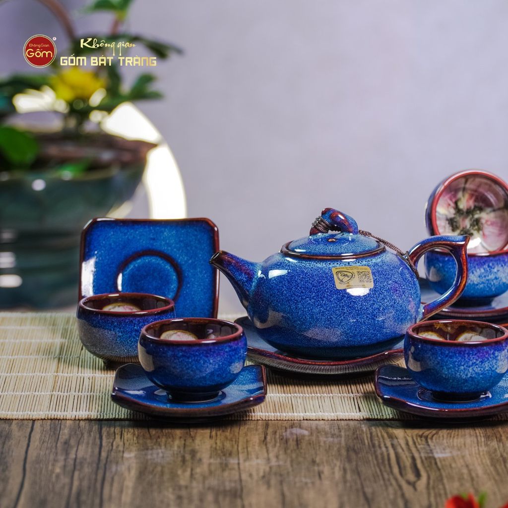 Bộ Ấm Chén Men Hỏa Biến Xanh Quả Hồng