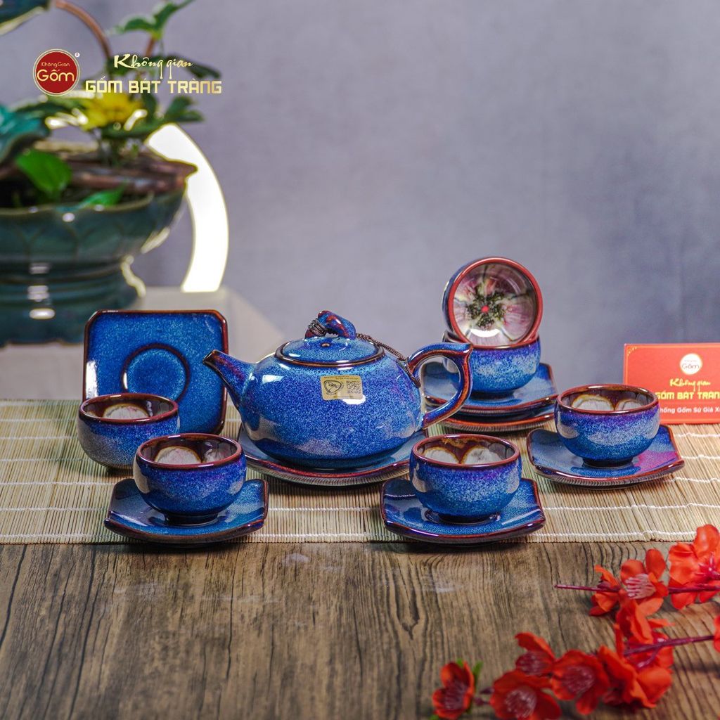 Bộ Ấm Chén Men Hỏa Biến Xanh Quả Hồng