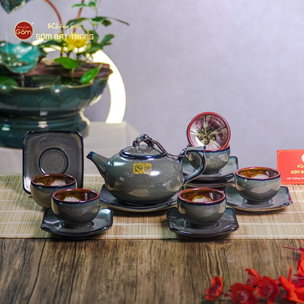 Bộ Ấm Chén Men Hỏa Biến Xanh Rêu Quả Hồng