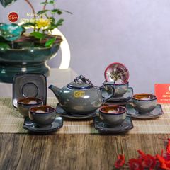 Bộ Ấm Chén Men Hỏa Biến Xanh Rêu Quả Hồng