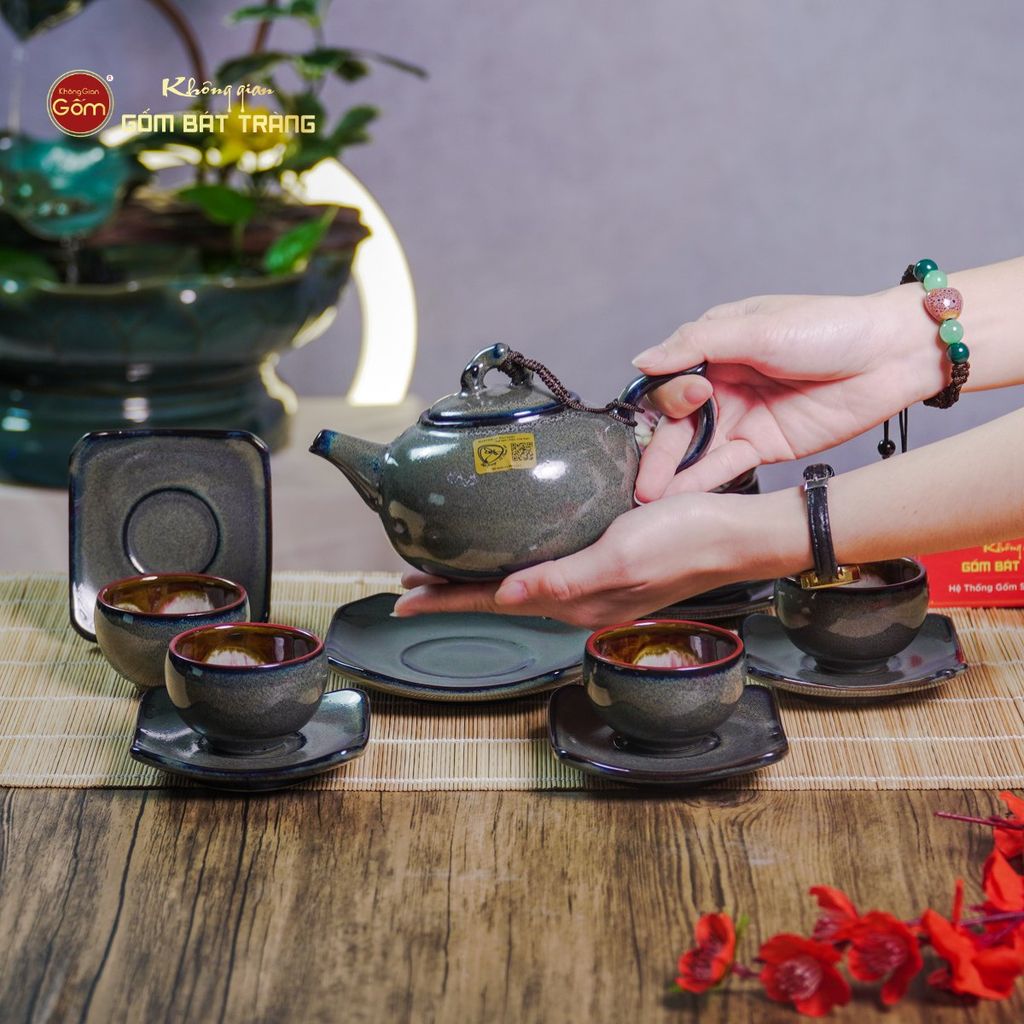 Bộ Ấm Chén Men Hỏa Biến Xanh Rêu Quả Hồng