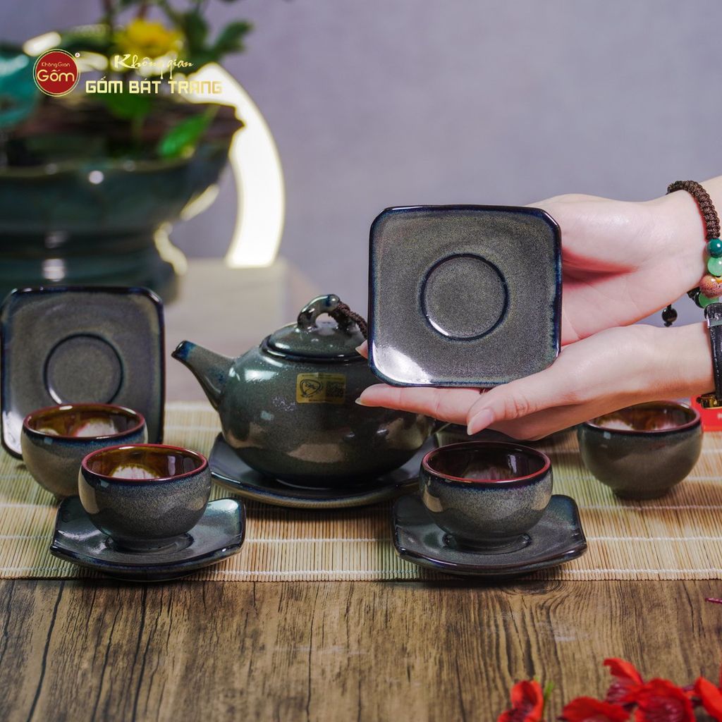 Bộ Ấm Chén Men Hỏa Biến Xanh Rêu Quả Hồng