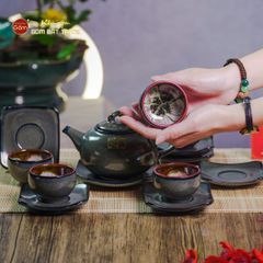 Bộ Ấm Chén Men Hỏa Biến Xanh Rêu Quả Hồng