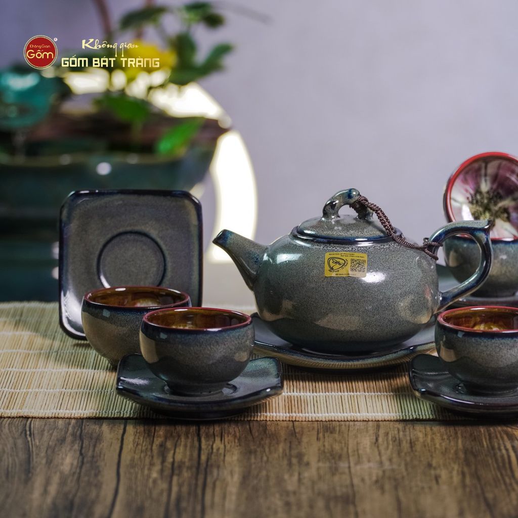 Bộ Ấm Chén Men Hỏa Biến Xanh Rêu Quả Hồng