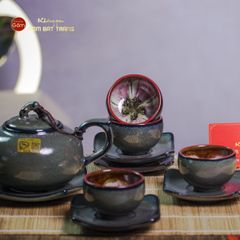 Bộ Ấm Chén Men Hỏa Biến Xanh Rêu Quả Hồng