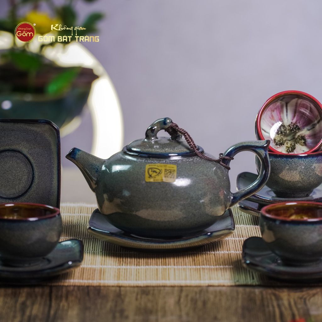 Bộ Ấm Chén Men Hỏa Biến Xanh Rêu Quả Hồng