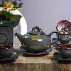 Bộ Ấm Chén Men Hỏa Biến Xanh Rêu Quả Hồng