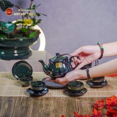 Bộ Ấm Chén Men Hỏa Biến Xanh Rêu Sen Ngọc Thỏ