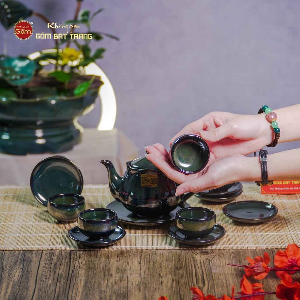 Bộ Ấm Chén Men Hỏa Biến Xanh Rêu Sen Ngọc Thỏ