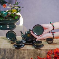 Bộ Ấm Chén Men Hỏa Biến Xanh Rêu Sen Ngọc Thỏ
