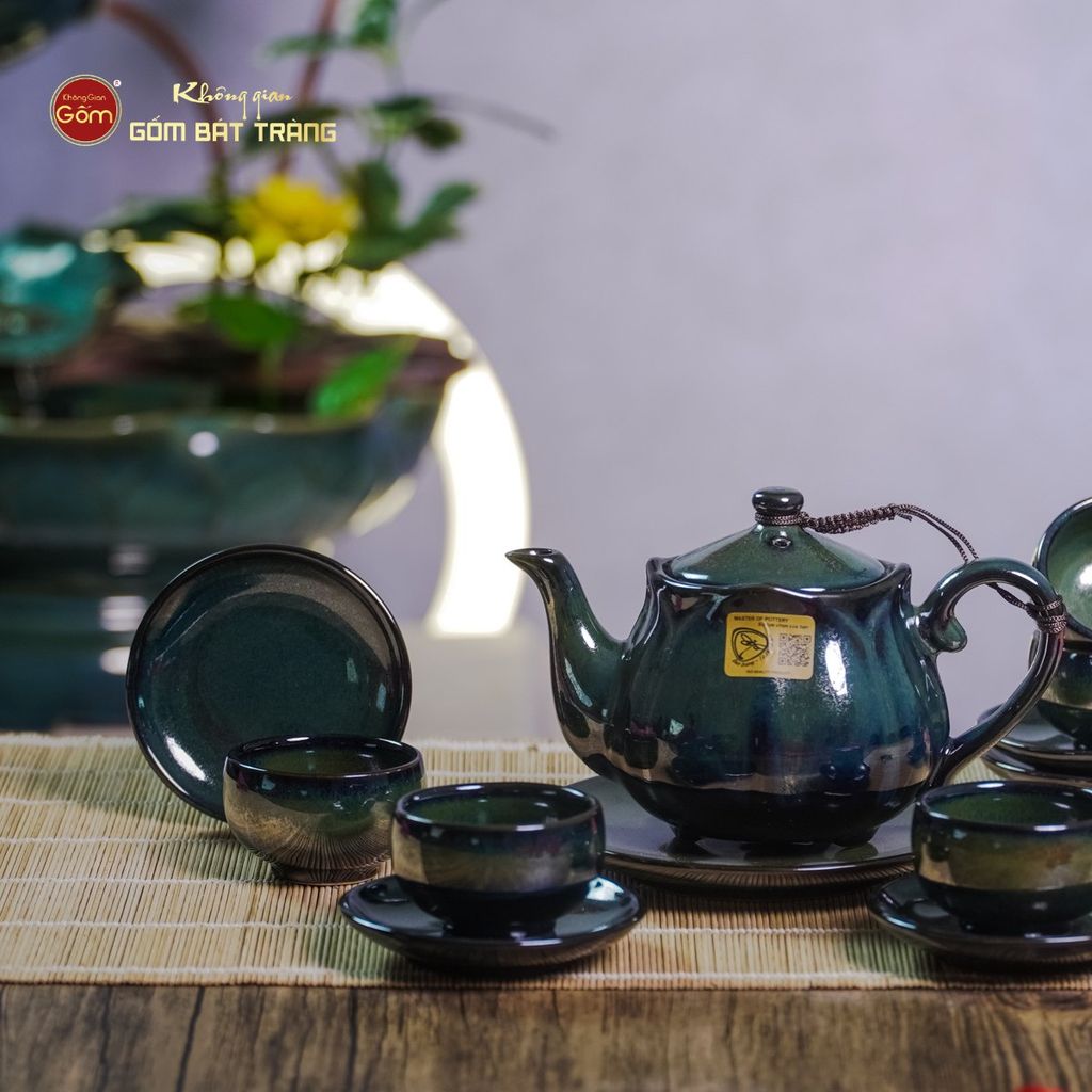 Bộ Ấm Chén Men Hỏa Biến Xanh Rêu Sen Ngọc Thỏ