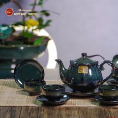 Bộ Ấm Chén Men Hỏa Biến Xanh Rêu Sen Ngọc Thỏ