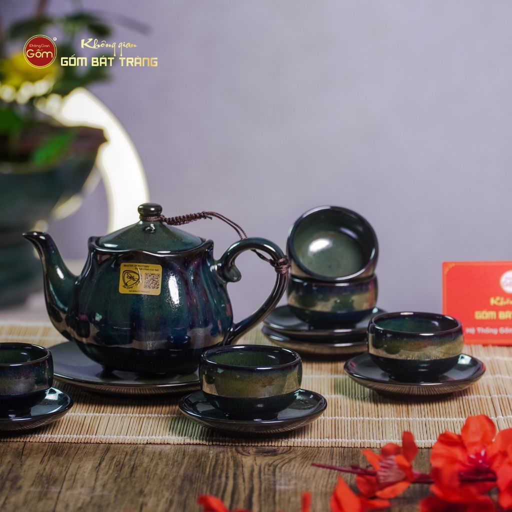 Bộ Ấm Chén Men Hỏa Biến Xanh Rêu Sen Ngọc Thỏ