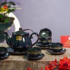 Bộ Ấm Chén Men Hỏa Biến Xanh Rêu Sen Ngọc Thỏ