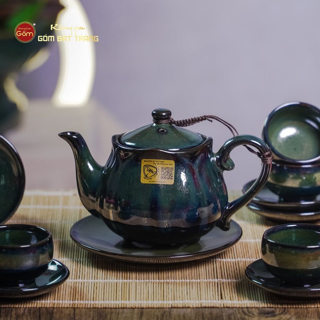 Bộ Ấm Chén Men Hỏa Biến Xanh Rêu Sen Ngọc Thỏ