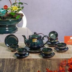 Bộ Ấm Chén Men Hỏa Biến Xanh Rêu Sen Ngọc Thỏ