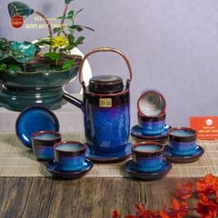 Bộ Ấm Chén Men Xanh Đen Cao Lòng Phấn Hồng