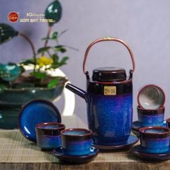 Bộ Ấm Chén Men Xanh Đen Cao Lòng Phấn Hồng