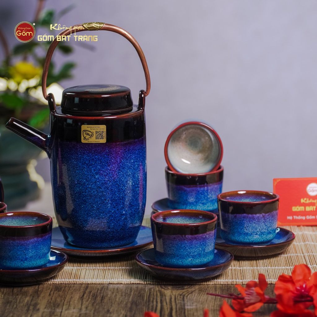 Bộ Ấm Chén Men Xanh Đen Cao Lòng Phấn Hồng