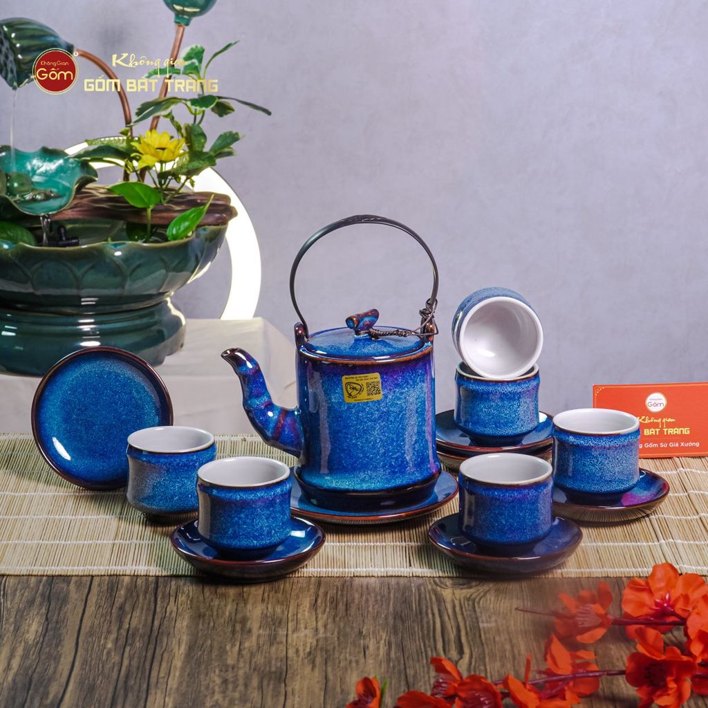 Bộ Ấm Chén Men Xanh Hỏa Biến Đốt Trúc Lòng Trắng