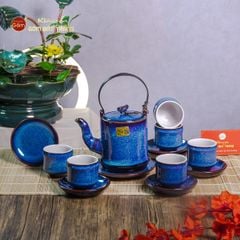 Bộ Ấm Chén Men Xanh Hỏa Biến Đốt Trúc Lòng Trắng