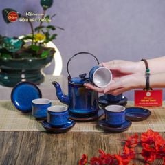 Bộ Ấm Chén Men Xanh Hỏa Biến Đốt Trúc Lòng Trắng