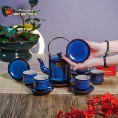 Bộ Ấm Chén Men Xanh Hỏa Biến Đốt Trúc Lòng Trắng