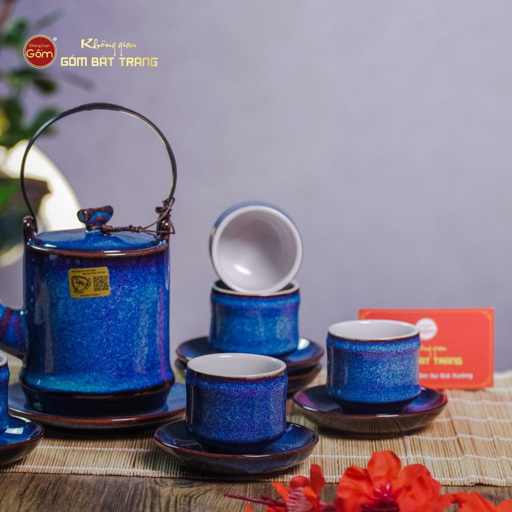 Bộ Ấm Chén Men Xanh Hỏa Biến Đốt Trúc Lòng Trắng
