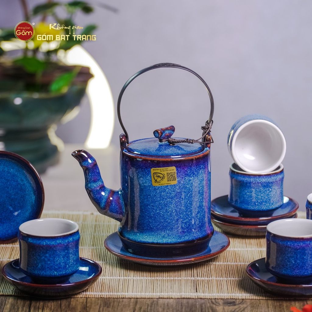 Bộ Ấm Chén Men Xanh Hỏa Biến Đốt Trúc Lòng Trắng
