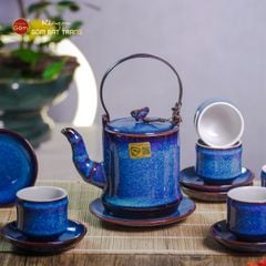 Bộ Ấm Chén Men Xanh Hỏa Biến Đốt Trúc Lòng Trắng