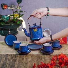 Bộ Ấm Chén Men Xanh Hỏa Biến Đốt Trúc Lòng Trắng