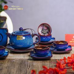 Bộ Ấm Chén Men Xanh Hỏa Biến Quai Sứ
