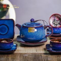 Bộ Ấm Chén Men Xanh Hỏa Biến Quai Sứ