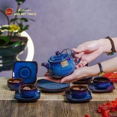 Bộ Ấm Chén Men Xanh Hỏa Biến Quai Sứ
