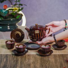Bộ Ấm Chén Nâu Men Hỏa Biến Múi Lá