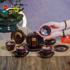 Bộ Ấm Chén Nâu Men Hỏa Biến Múi Lá