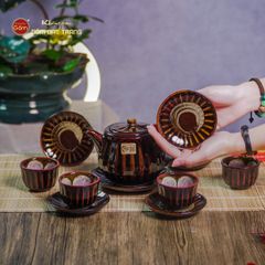 Bộ Ấm Chén Nâu Men Hỏa Biến Múi Lá