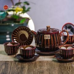 Bộ Ấm Chén Nâu Men Hỏa Biến Múi Lá