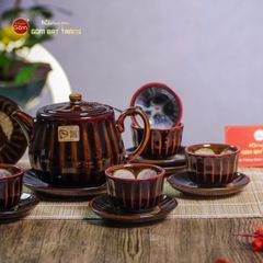 Bộ Ấm Chén Nâu Men Hỏa Biến Múi Lá