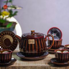 Bộ Ấm Chén Nâu Men Hỏa Biến Múi Lá