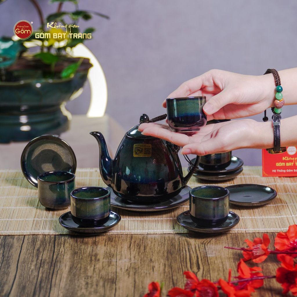 Bộ Ấm Chén Rêu Men Hỏa Biến Thỏ Ngọc