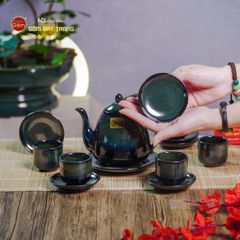 Bộ Ấm Chén Rêu Men Hỏa Biến Thỏ Ngọc