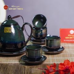 Bộ Ấm Chén Rêu Men Hỏa Biến Thỏ Ngọc