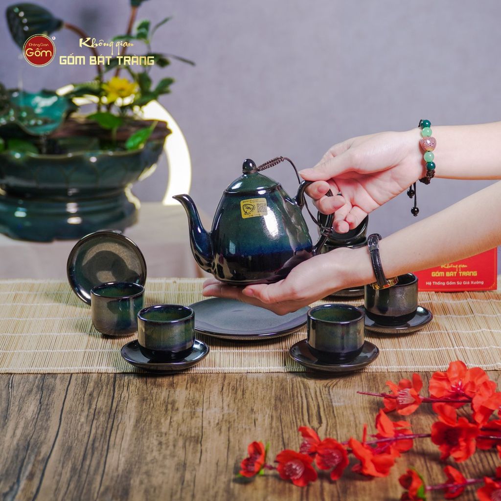 Bộ Ấm Chén Rêu Men Hỏa Biến Thỏ Ngọc
