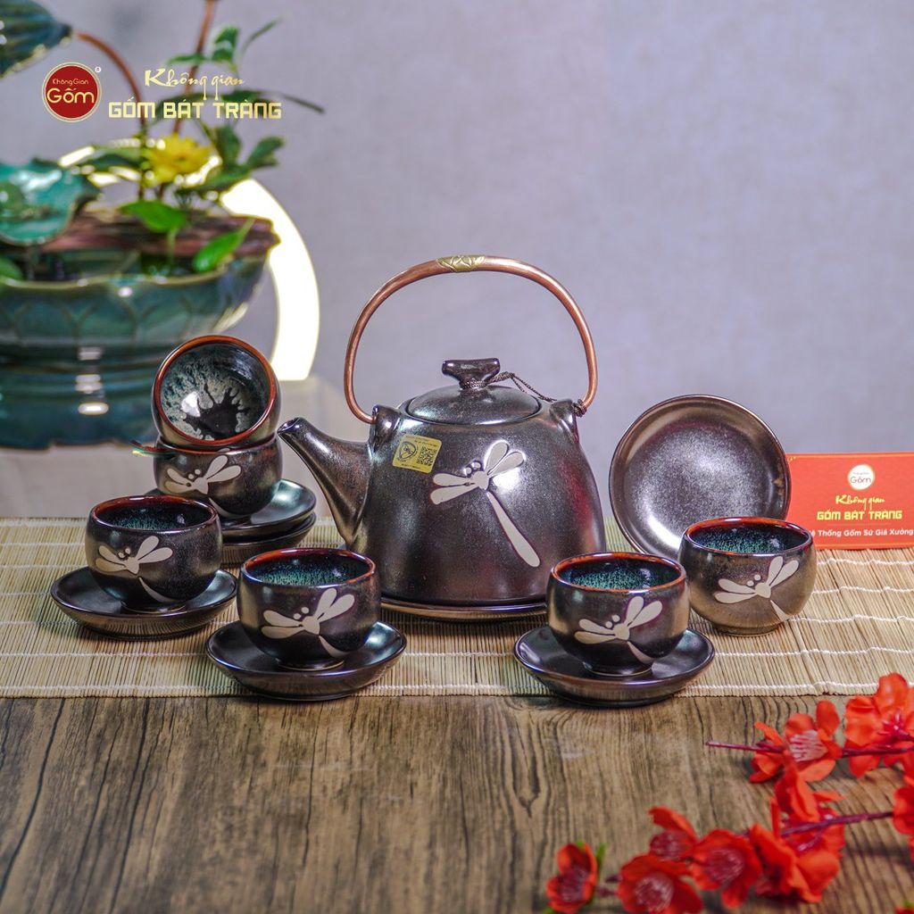 Bộ Ấm Chén Siêu Men Hỏa Biến Chuồn Chuồn