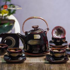 Bộ Ấm Chén Siêu Men Hỏa Biến Quét Xám Lòng Hoa