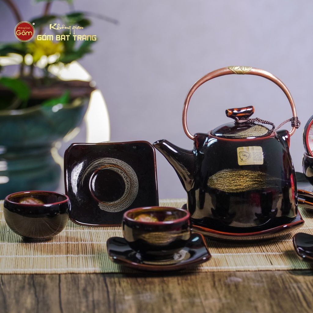 Bộ Ấm Chén Siêu Men Hỏa Biến Quét Xám Lòng Hoa