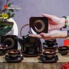 Bộ Ấm Chén Siêu Men Hỏa Biến Quét Xám Lòng Hoa